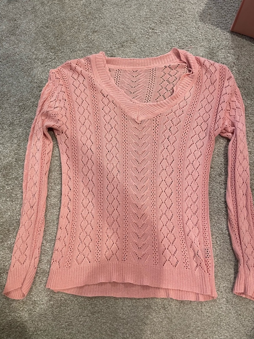 SHEIN Coral Pink V-Neck Openwork Knit Sweater